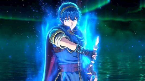 Fire Emblem Engage preview - a blue haired hero unsheathes a sword as he's shrouded in blue light