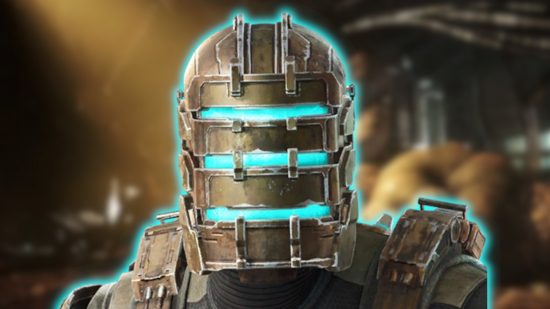 Fortnite x Dead Space collaboration: A close up of the Isaac Clarke skin for Fortnite with a glowing blue outline, pasted on a blurred screenshot from the Dead Space remake.