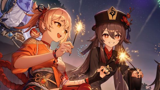 Genshin Impact Yoimiya: Yoimiya sat with Hu Tao, showing her how sparklers work and smiling widely. Hu Tao has a mischievous look in her eyes.