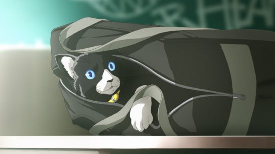 Persona 5 anime: Key art from the Persona 5 anime of Morgana in cat form in a schoolbag.