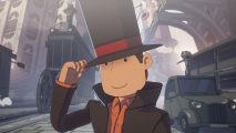Professor Layton and the New World of Steam: a screenshot of the professor in a new world