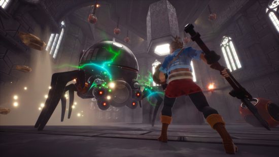 Best Apple Arcade games: Oceanhorn 2. Image shows a warrior preparing to fight a giant metallic spider in a screenshot from the game.