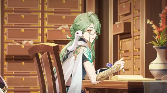 Genshin Impact Baizhu: Baizhu sat at his desk in the pharmacy, looking up from his notes in shock as he notices Xiao is missing.