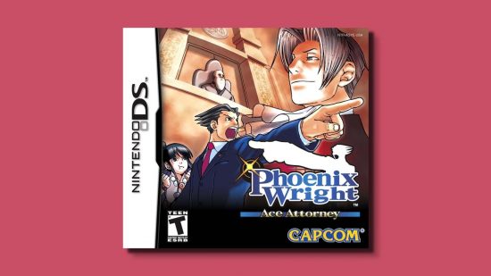 Phoenix Wright Ace Attorney history -- box art for the DS game showing Phoenix pointing, a girl behind him with black hair, and the large overruling face of a smarmy looking man with floppy pointy hair.
