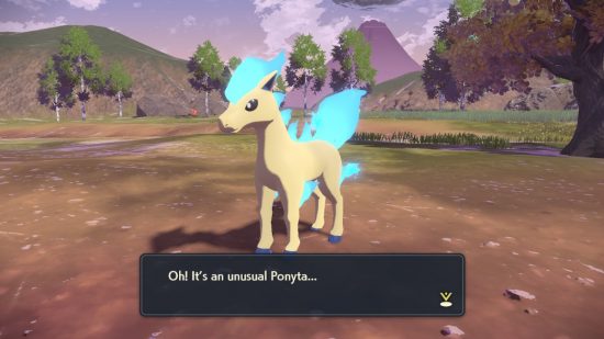 Pokemon accessibility: A shiny Ponyta in Pokemon Legends: Arceus with blue flames instead of orange standing in a dirt field. The text box reads 'Oh! It's an unusual Ponyta'.
