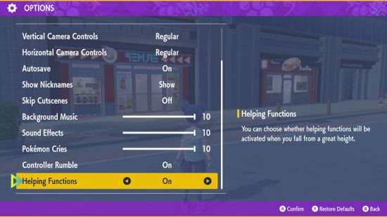 Pokemon accessibility: The options menu from Pokemon Violet showing a limited selection of audio sliders and other options.