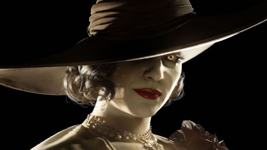 Resident Evil Lady Dimitrescu: A close-up of Lady Dimitrescu in a dark room with her hat covering one eye and the other eye glowing yellow.