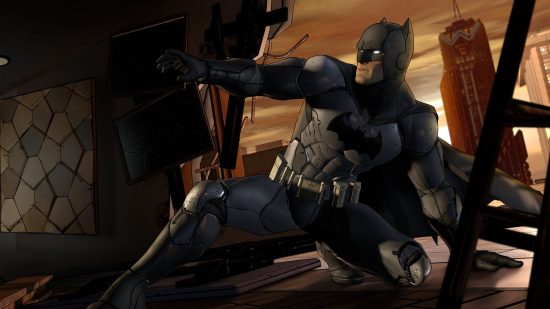 Batman-Spiele – Batman gleitet in einer dunklen Szene über ein Dach, ein Knie hoch, das andere auf dem Boden.