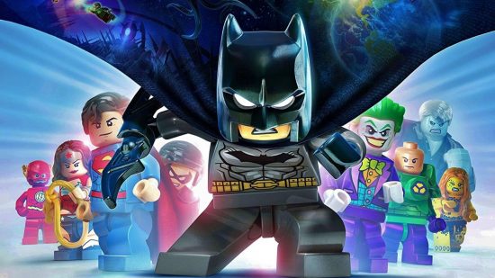 Batman-Spiele - Lego Batman vor einem Dreieck aus Verbündeten und Feinden - Superman, Flash, Wonder Woman, Joker und mehr