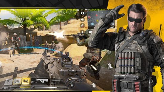 FPS-Spiele – ein Mann in moderner Soldatenrüstung steht salutierend neben einem Screenshot von Cod Mobile, der die Egoperspektive eines Mannes zeigt, der ein Sturmgewehr hält.