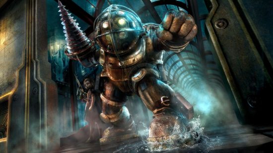 FPS-Spiele – ein großer mechanischer Humanoid mit einem Helm im Stil eines Seetauchers und einem großen spitzen Bohrer an seiner rechten Hand neben einem kleinen Mädchen mit leeren Augen in einer Halle, in die Licht und Nebel einfallen.