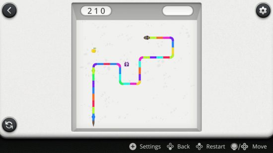 Giochi di Snake: uno screenshot di Snake Game per Switch che mostra un serpente arcobaleno che si muove attorno a un quadrato bianco.
