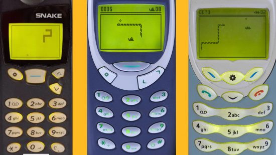 Giochi di Snake: tre screenshot di Snake 97 che mostrano il gioco giocato su vecchi telefoni cellulari.