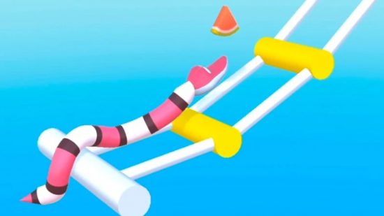 Giochi di serpenti: uno screenshot ingrandito di Gravity Noodle che mostra un serpente rosa con strisce bianche e nere che cerca di attraversare un ponte di corda nel cielo.