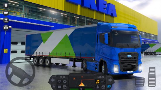 truck games Truck Simulator Ultimate: a blue truck in a warehouse