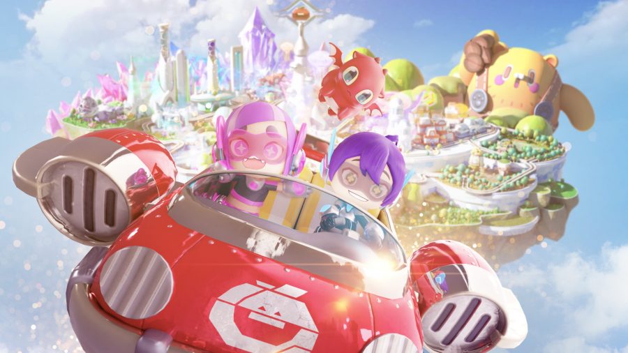 Utopia No.8: Key art for Utopia No.8 showing two characters, one with pink hair and one with purple hair, flying a red flying car away from a large colourful city on a blue sky with fluffy white clouds.