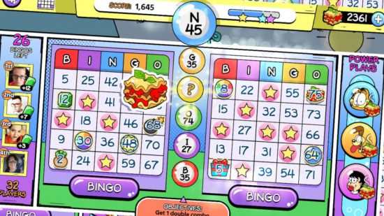 Screenshot of a bingo sheet in Garfield's bingo for Garfield games guide