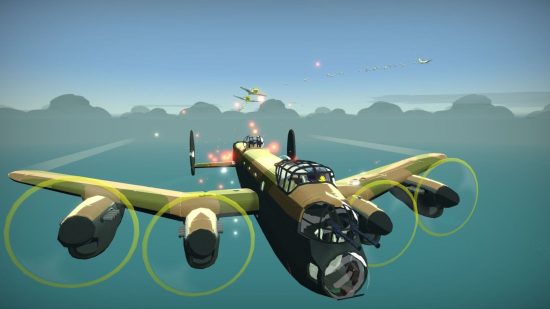 Screenshot of a bomber plane floating through the sky in Bomber Crew for plane games list