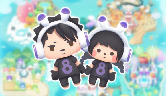 Utopia No.8 Kickstarter: Two Utoker avatars wearing black and purple outfits with bunny-themed headphones, outlined in white and pasted on a blurred picture of the Utopia No.8 map.