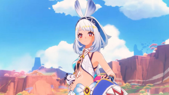 A character in Genshin Impact Natlan with white hair and white clothing against a blue sky