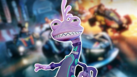 Disney Speedstorm characters: Randall, the purple lizard from Monsters Inc, wearing a racing suit and outlined in white on a blurred background of some Disney Speedstorm key art
