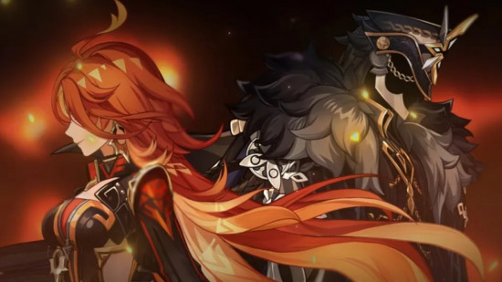 Genshin Impact Varka: A screenshot from the Natlan story trailer showing the suspected Pyro archon and The Captain of the Fatui Harbingers passing each other on a dark background with fire elements