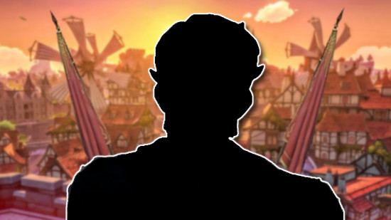 Genshin Impact Varka: A silhouette of a HSR NPC with Varka vibes, outlined in white and pasted on a sunset picture of Mondstadt with two Rally Banners peaking out behind him