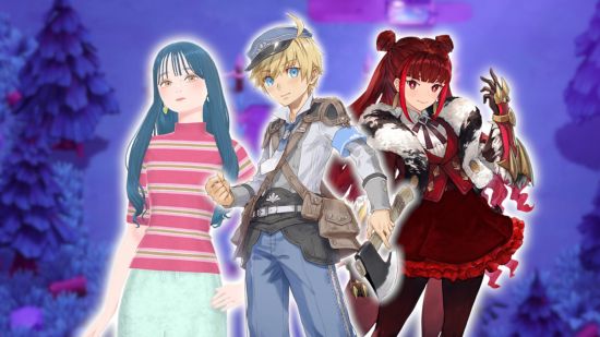 Marvelous Game Showcase: Characters from Fashion Dreamer, Silent Hope, and Rune Factory 5, outlined in white and pasted on a blurred Moonlight Peaks screenshot