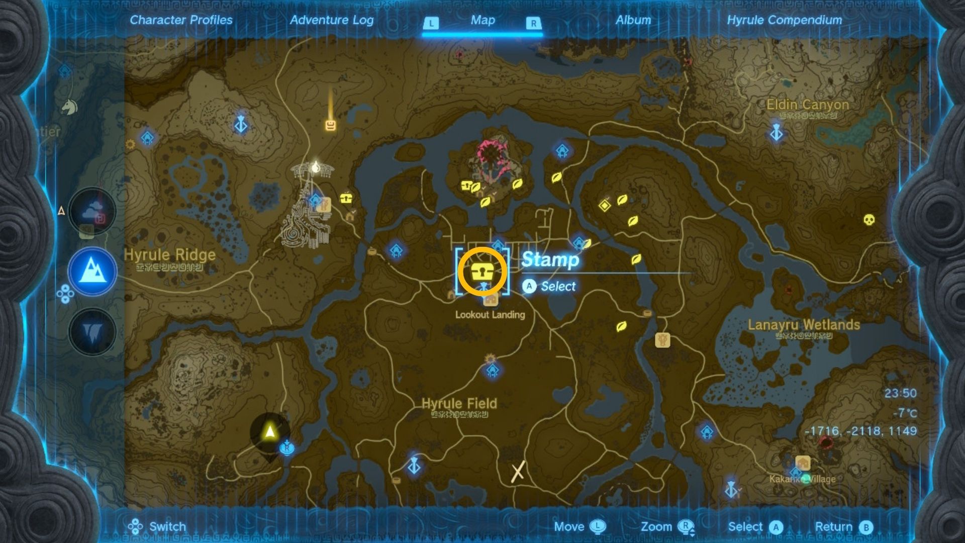 Zelda: Tears of the Kingdom shrines highlighted in mango yellow circles on a brown and white map of Hyrule dotted with different pins and stamps, roads and rivers.