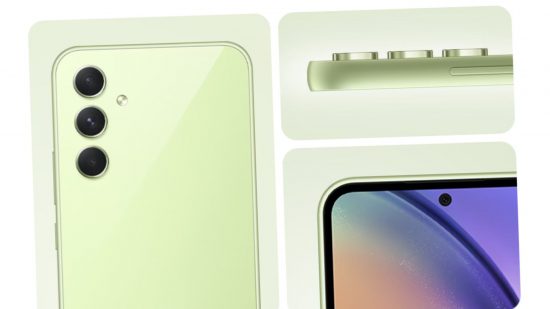 One of the best 5G phones, the Samsung A54 5G, shown in three configurations in three green boxes. On the left is one tall box with the back of the green phone and its three camera lenses showing. Not the right are two boxes. The one on top showing the side of the phone and its camera bumps, the one below showing the front and its tiny pinhole camera.