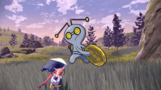 small Pokémon Gimmighoul in a field being caught by a trainer