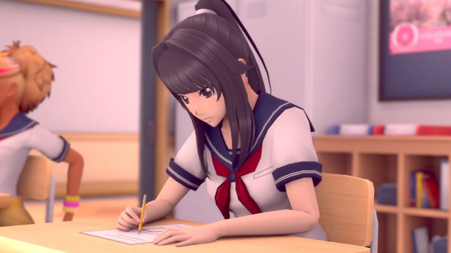 Yandere Simulator's Ayano at school writing in a textbook