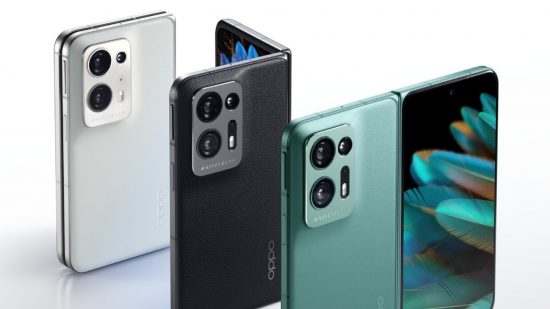 Best foldable phones header showing the Oppo Find N2, a tablet-style foldable shown in three colours, green, black, and white. At the front is the green, fully unfolded, showing its cameras and cover screen next to each other. Behind it is the black model, showing partially closed at a right angle, with just its camera side on view. Same goes for the white one at the very back, except that it's fully closed.