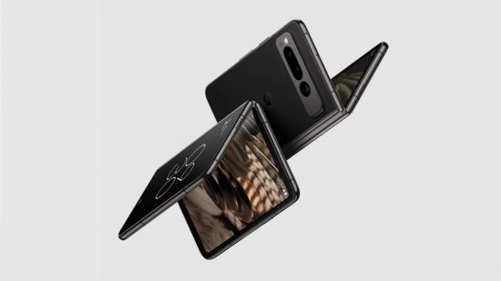 Best foldable phones header showing the Google Pixel Fold twice, both times folded at around a 45 degree angle, in a sort of V shape. Both models are black, floating in the air, only opposite eachother, with the opening in the fold pointing up for one and down for the other. On the top one you can see a strip of cameras and a tiny bit of the screen inside, on the bottom one you can see both the inside and outside screens, with abstract gold and black backgrounds on them.