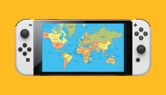 Geography games: A world map pasted on a Nintendo Switch OLED model, on a mango background