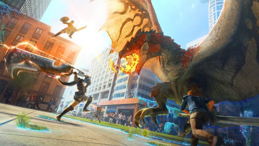 Monster Hunter Now hero image showing a fire-breathing dragon taking on a tiny human with a massive weapon in a city scene.