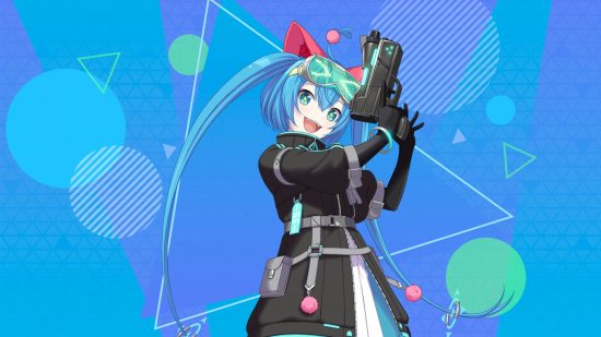 Project Sekai cards: Wonderlands x Showtime Miku dressed as a cyber gunner on a blue background