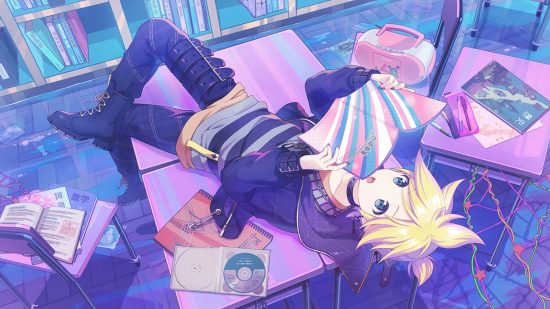 Project Sekai cards: Len laying on a table reading a magazine with a shocked expression. The color palette is all purples, blues, and pinks