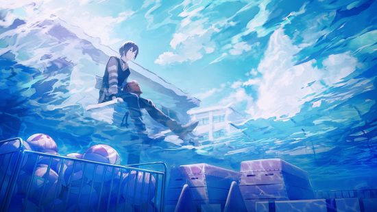 Project Sekai cards: Kaito sat on a block holding a basketball, looking sad, viewed from beneath the water of a flooded swimming pool filled with sports equipment