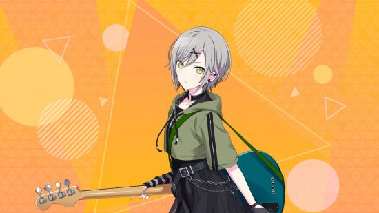 Project Sekai cards: Shiho standing with her bass on an orange background with geometric shapes on