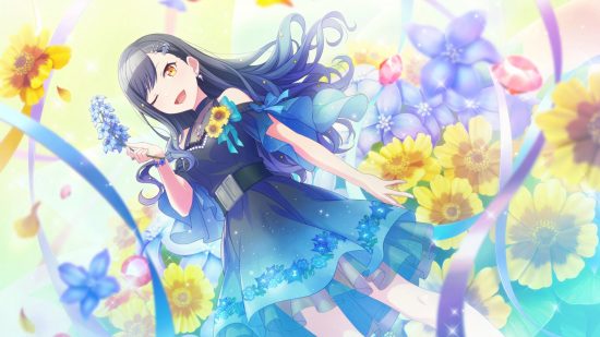 Project Sekai cards: An's birthday card featuring her wearing a blue dress and holding blue flowers while surrounded by blue and yellow flowers and ribbons.