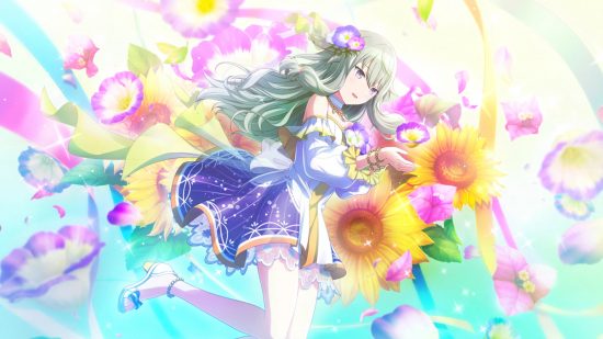 Project Sekai cards: Nene's birthday card showing her smiling at a flower and surrounded by flowers and ribbons