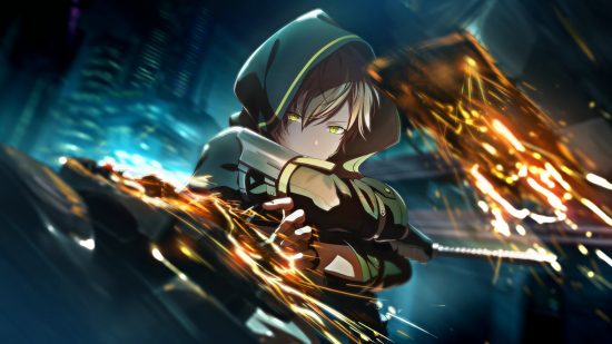Project Sekai cards: Akito dressed like a cyber rogue, slashing a sword and manipulating sparks with his hand