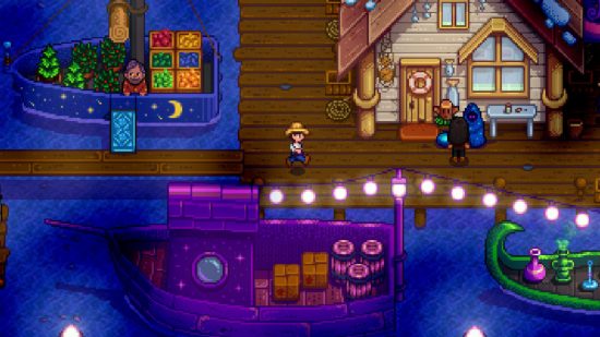 Passing by the purple boat in the night market for Stardew Valley Switch review