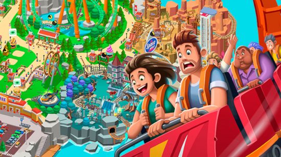 Key art for Idle Theme Park Tycoon with two characters on a roller coaster theme park games guide