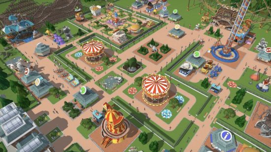 Screenshot of a small park in RollerCoaster Tycoon Touch theme park game guide