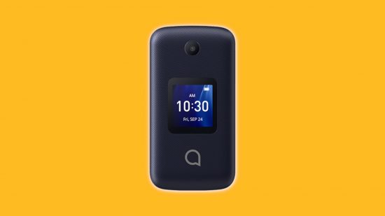 Best flip phones - an Alcatel flip phone against a yellow background