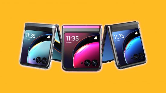 Best flip phones - a Motorola Razr Plus against a yellow background