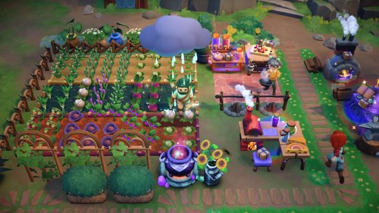 farm games: a packed farm in Fae Farm with a cloud watering plants