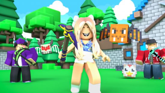 Girl games - a Roblox charcter with long blonde hair and a pickaxe
